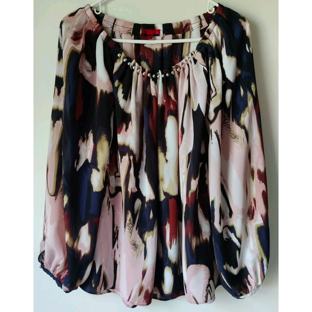 Jennifer Lopez Women's Petite Watercolor Long Sleeve Pleated Blouse Size PL